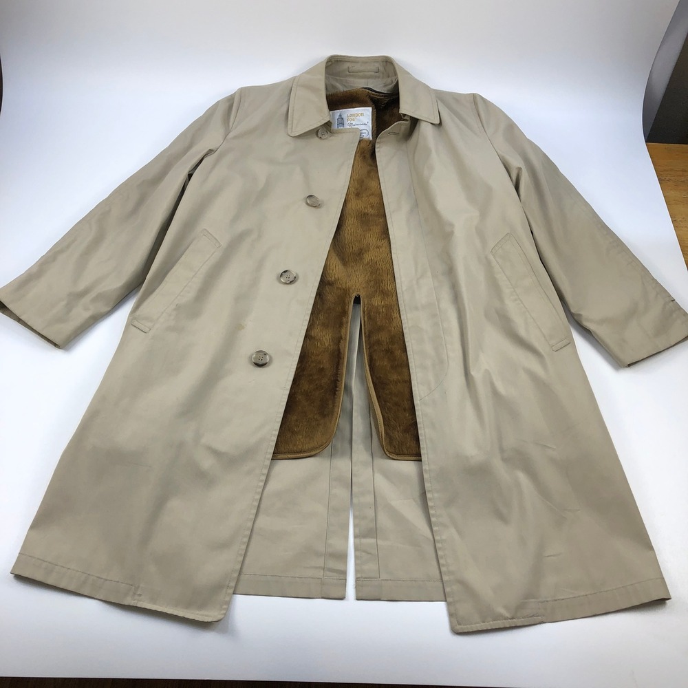 Vintage London Fog Maincoats Mens 36 Short Trench Tan Beige Removable Zip Liner